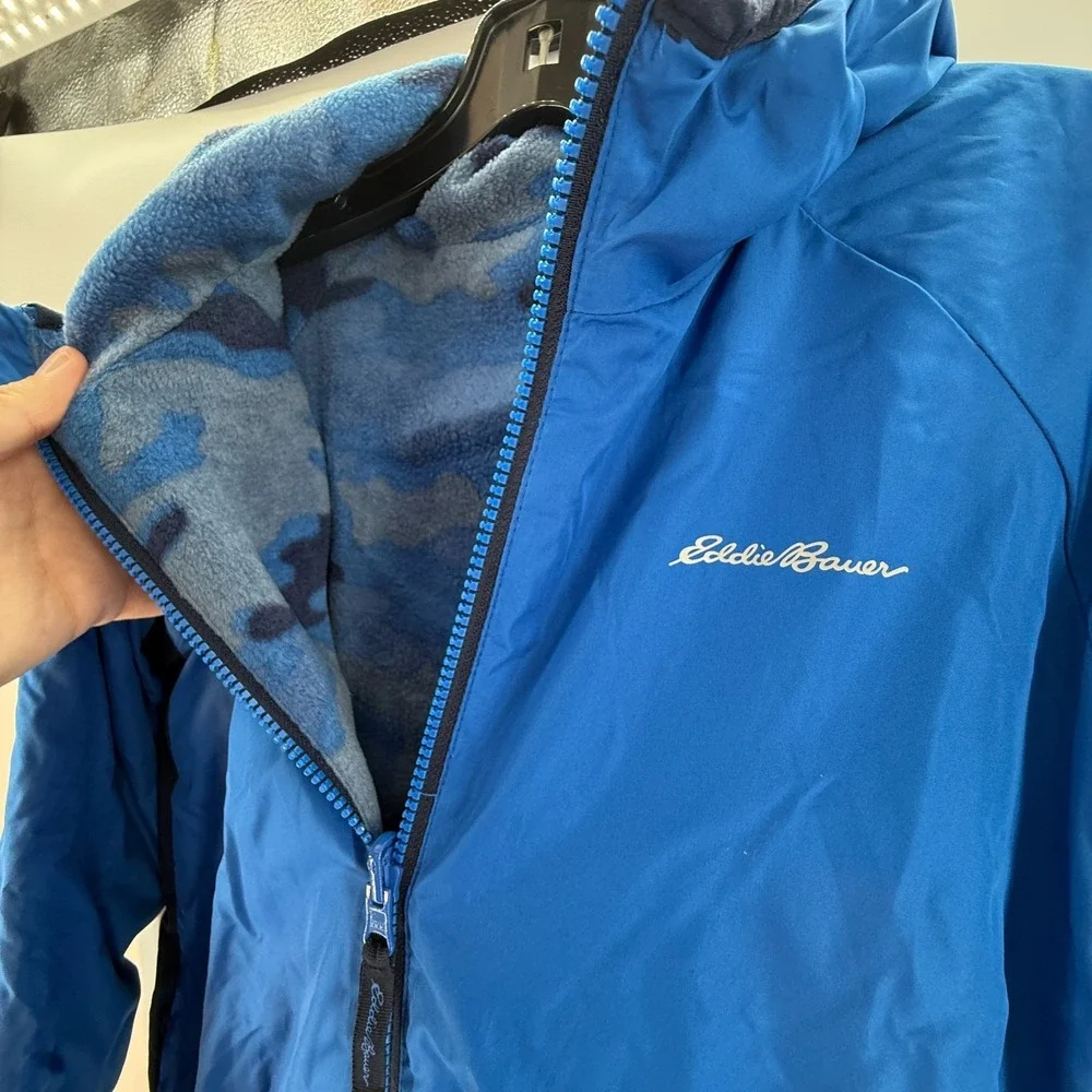 Eddie Bauer Jacket Hooded‎ Boys Sz Medium (10/12) Blue Fleece Lined Winter